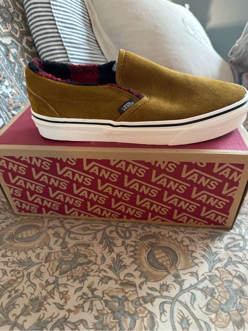 Vans Slip-On Suede Sneakers in Mustard Yellow with Red Plaid Lining